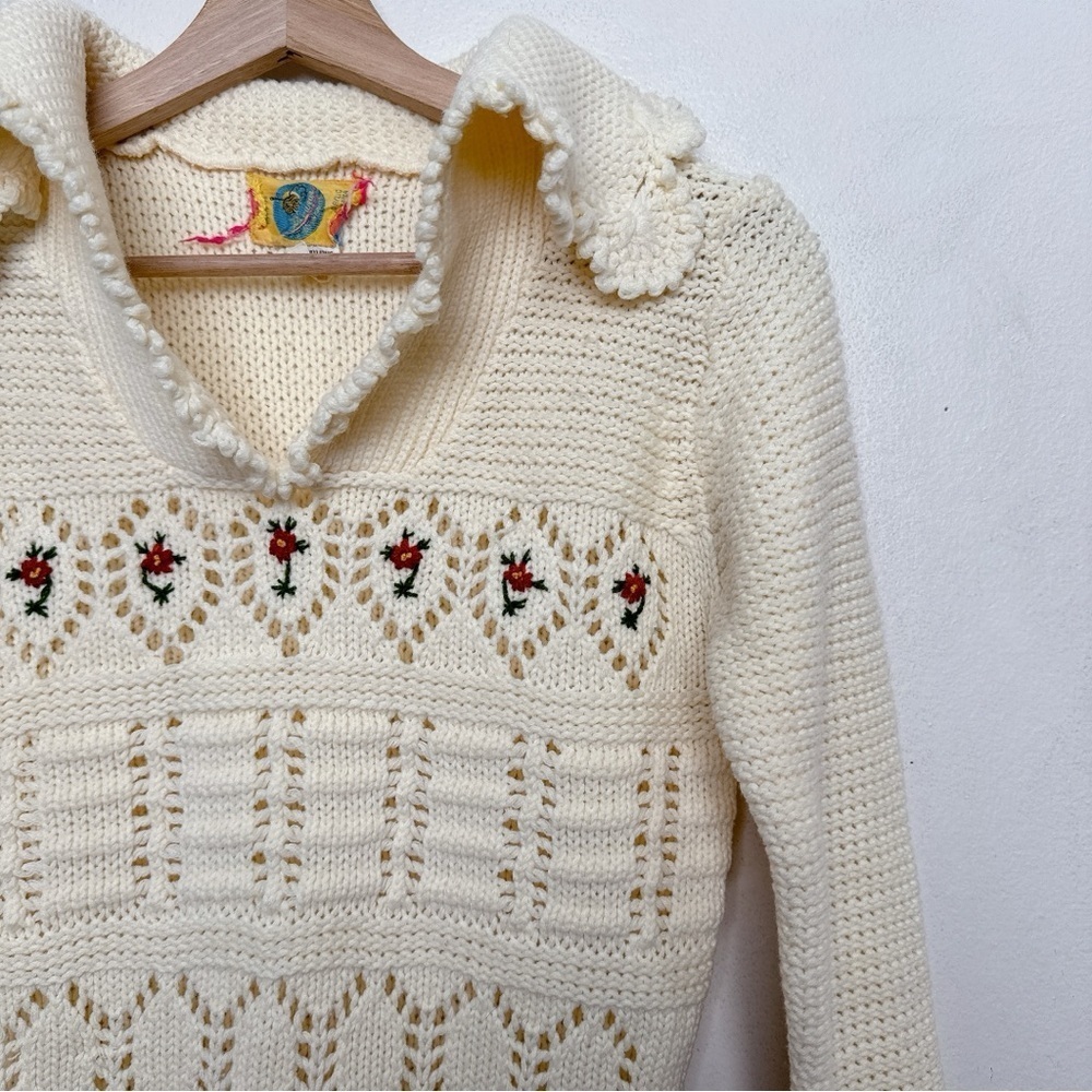 Beewear Womens Small Vintage Open Crochet Ivory Floral Collar Sweater - Picture 7 of 15